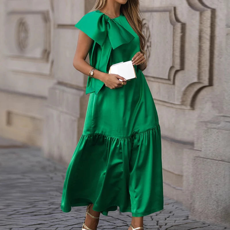 Cyflymder  Fashion O Neck High Waist Commuting Long Dress Casual Street Wear Loose Green Dress Bow Decoration Women's Evening Dress Vestido