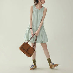Cyflymder   Mint Sleeveless Bud Dresses Women's Clothing Solid Color Summer Casual Basic Round Neck Fashionable Folds Patchwork Midi Dress