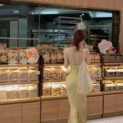 Cyflymder  Aura Elegant Slim Bag Hip Slip Long Dress Female Clothing Solid Color Summer Hotsweet Bow Fashion Backless Waist Basic Dresses