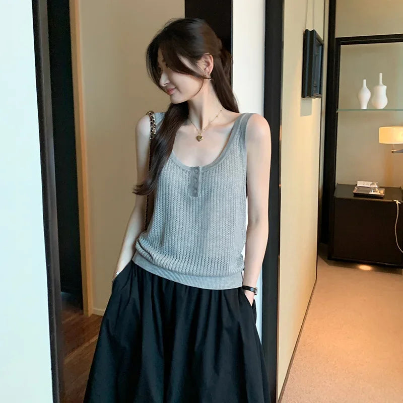 Cyflymder  Summer Elegant Design Loose Knitted Vest Women's Thin Button up Top Outerwear Short Shirt Casual Fashion Minimalist Style