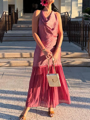 Cyflymder  Elegant Lady Halter Midi Dress Sleeveless Fold Satin Stitching Pleated Dress Summer Fashion Romantic Women Dress