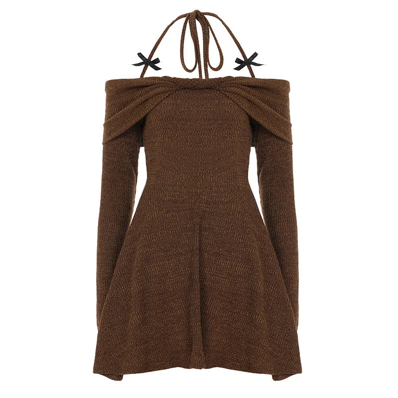 Cyflymder  Autumn Sweet Y2k Halter Slash Neck Long Sleeve Solid All Match Slim Short knitted Dresses