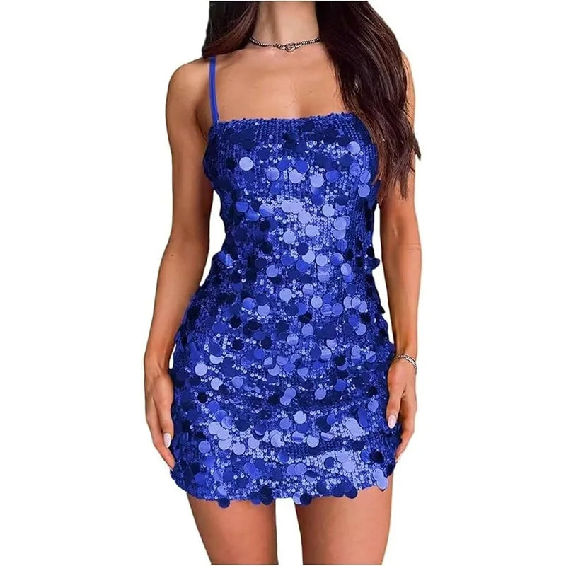Cyflymder  Sling Sequin Hip Package Mini Dress Women Sexy Square Collar Sleeveless Backless Waist Cinching Slim Partywear Chic Ladies Robe