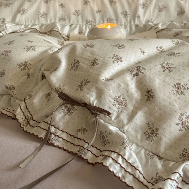 Cyflymder  100% Cotton Pastoral Floral Print Ruffles Bow Princess Bedding Set Queen King Duvet Cover Set Bed Sheet/Fitted Sheet Pillowcases