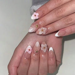 Cyflymder  24pcs French Almond Press on Nails Flower False Nails Cute Wearable Stick-on Nails Fake Nail Накладные Ногти 네일팁 Uñas Postizas