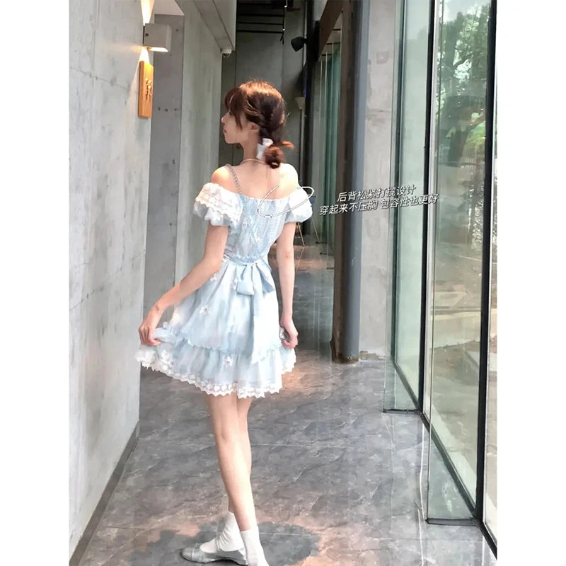 Cyflymder  Kawaii Bow Mini Dress Women Japanese Lolita Lace Slash Neck Dresses Summer Korean Party Cute Puff Short Sleeve Bodycon Vestidos