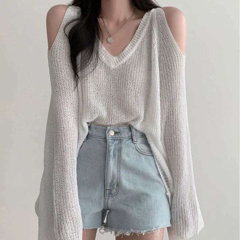 Cyflymder Women V-Neck Off Shoulder Hollow Out Sweater Loose Long Sleeve Knit Thin Jumpers Streetwear Tops For Women Fall Winter