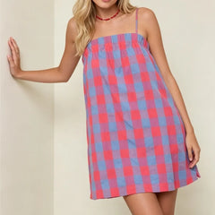 Cyflymder  Women Y2k Gingham Mini Cami Dress Boho Graphic Spaghetti Strap Flowy Short Dress Cute Summer Holiday Sundress