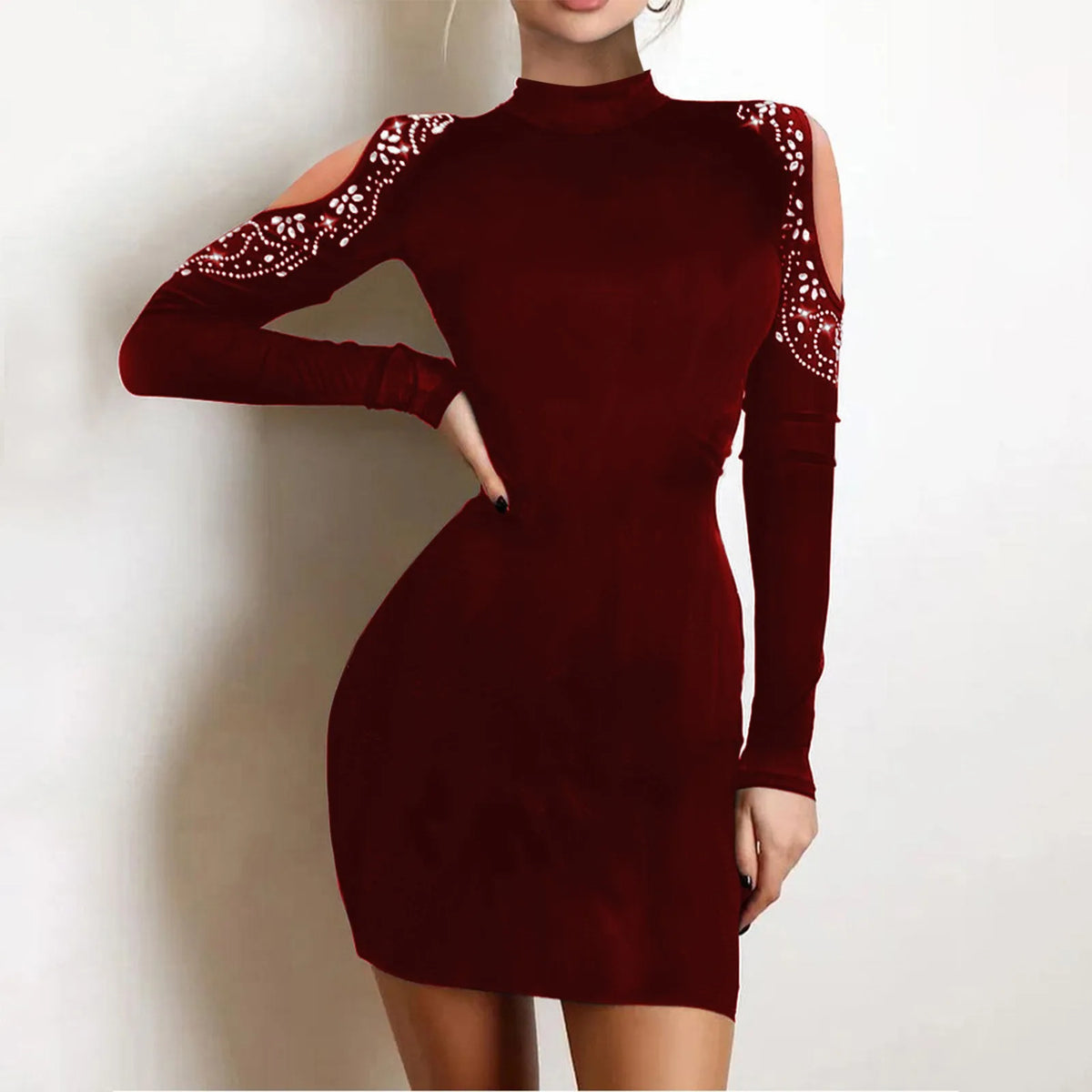 Cyflymder  Women Luxury Mini Dress Hollow Out Long Sleeve Rhinestone Bodycon Party Dress Elegant Half High Collar Sexy Formal Prom Dress