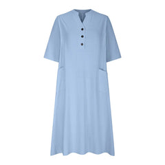 Cyflymder  New Solid Color Cotton Linen Comfortable Casual Dresses Women Half Sleeve Loose Dress Gown Female Double Pocket Patchwork Frock