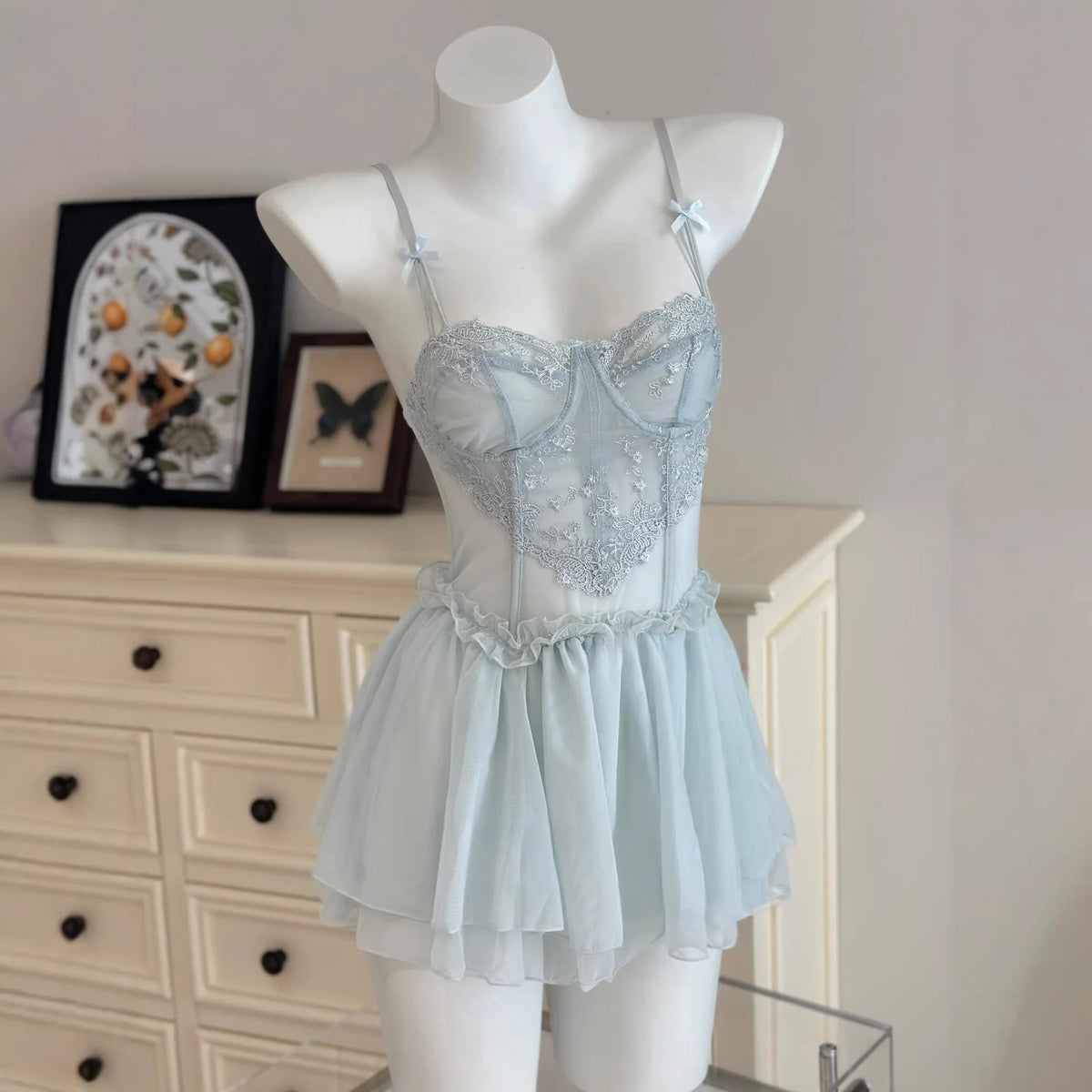 Cyflymder   Pure Desire Lace Underwired Nightgown Small Breast Push Up Embroidered Mesh Date Pajamas