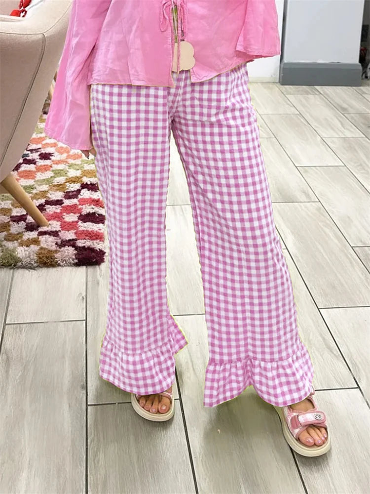 Cyflymder  Fashion Womens Plaid Print Pants Ruffles Legs Gingham Wide Leg Loose Casual Pull On Trousers Y2K Retro Chic Going Out Pants