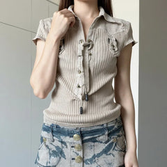 Cyflymder  Safari Style Vintage Turn Down Collar Short Sleev Women Shirts Y2k Cross Lace Up Design Harajuku Knitted Clothes Street Punk Top