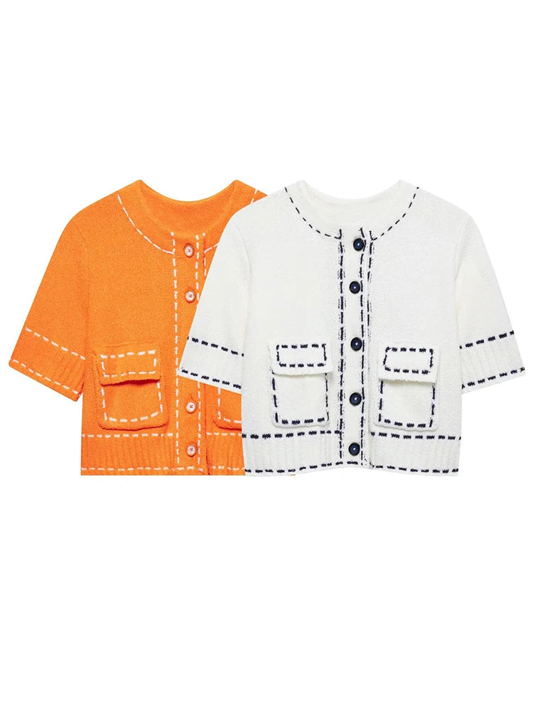 Cyflymder  Elegant Knitted Cardigan Coat Women Fashion Single-Breasted Pockets Short Sleeve Crop Sweater 2025 New Summer Casual Slim Tops