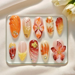 Cyflymder   24Pcs Autumn Almond Round Head Fake Nail with Cat's Eye Design Full Cover Oval Nail Tips Flower Moon Star Press on False Nails