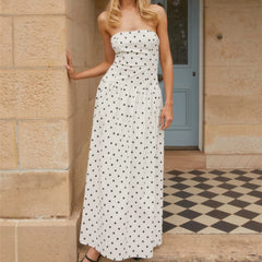 Cyflymder  Women's Strapless Dress Stylish Dot Print/Floral Print Sleeveless Tube Long Dress for Summer Holiday Party Clubwear