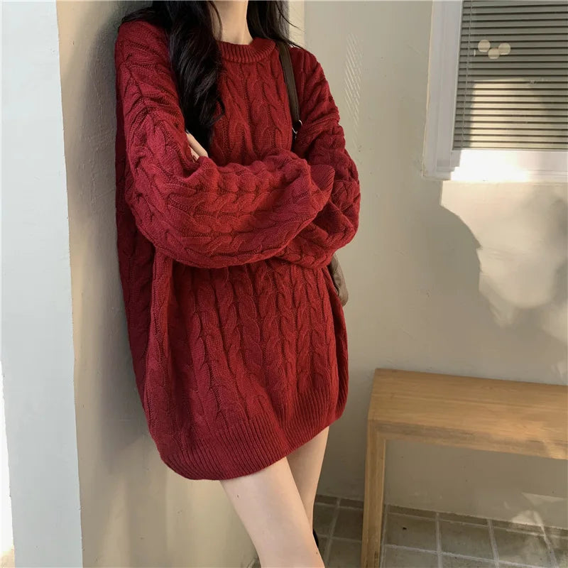 Cyflymder  Korean Thicken Knitted Sweater for Women Long Style Vintage Loose Red Outwear Pullover