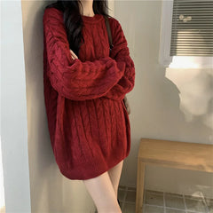 Cyflymder  Korean Thicken Knitted Sweater for Women Long Style Vintage Loose Red Outwear Pullover