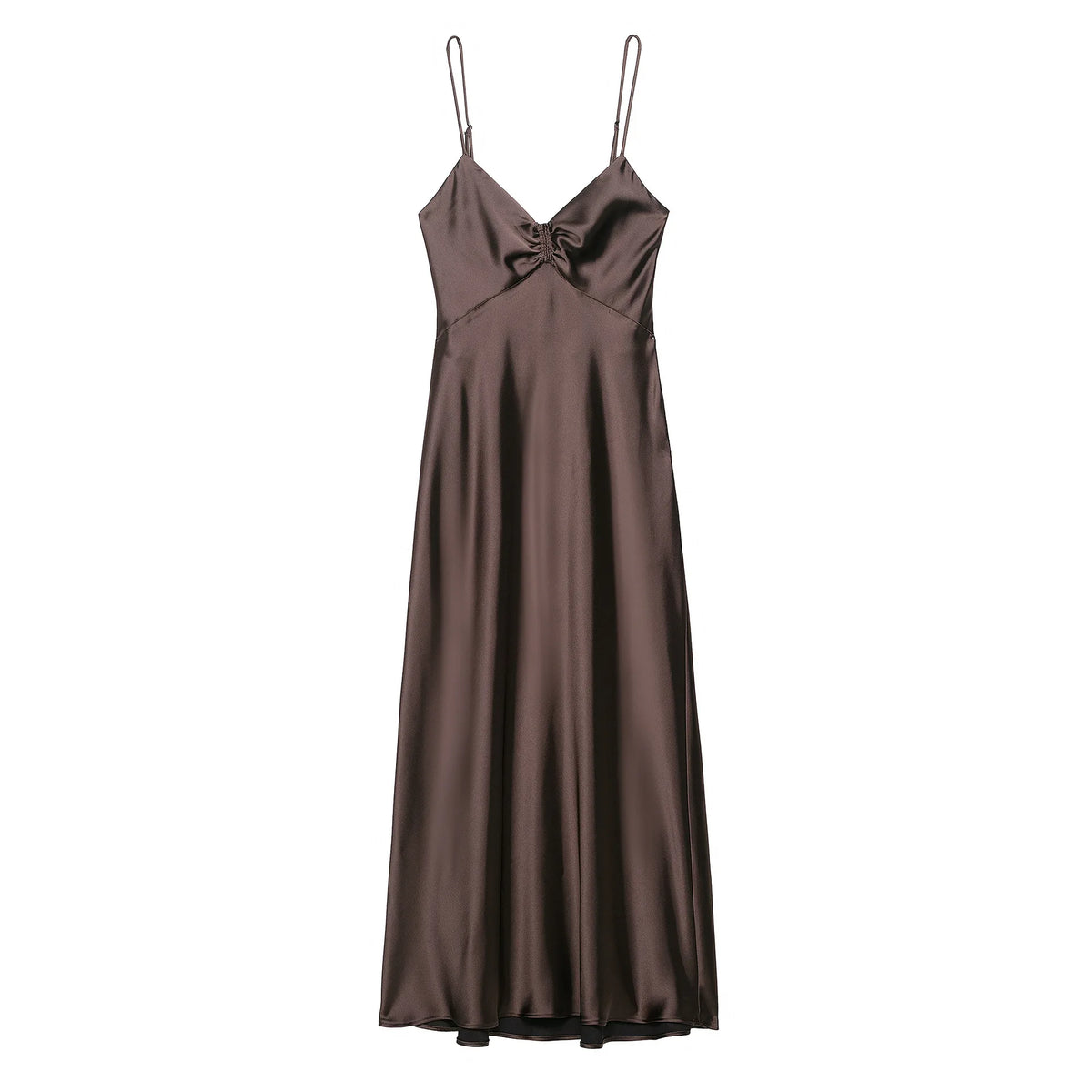 Cyflymder  Women Brown Ruched Satin Effect Midi Dress Autumn New Backless Casual Lady Fashion Elegant Luxry Party Long Dresses