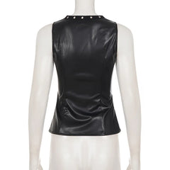 Cyflymder  Punk Style Y2K Grommet Lace Up PU Leather Tanks Top Women Fashion Hollow Out V Neck Sleeveless Slim Vests Night Clubwear Tees