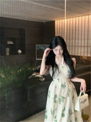 Cyflymder  Temperament Floral Neck Strapless Tulle Skirt Gentle Style Slim A-line Long Skirt