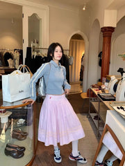 Cyflymder  Flower Embroidered Cotton Striped Skirt Women's New Summer Lace Patchwork Pleated Umbrella Skirt