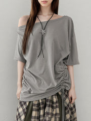 Cyflymder  Solid Grey Loose Drawstring T-shirt Asymmetrical Off-shoulder Short Sleeve T Shirts Women Casual Summer Tees y2k Vintage