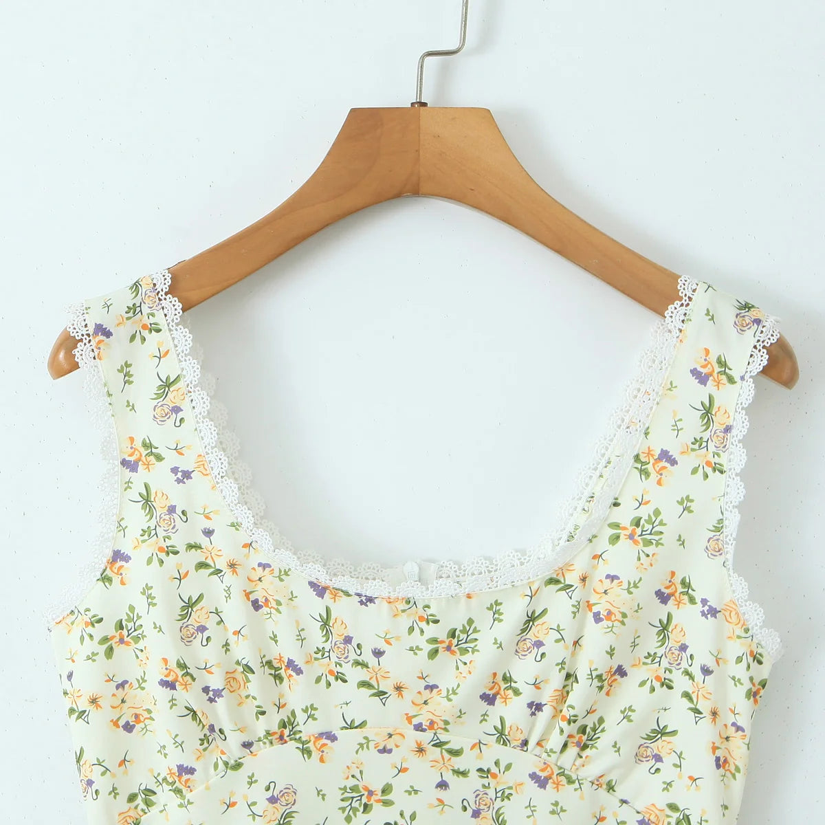 Cyflymder  Sexy Satin Flower Print Spliced Lace Square Collar Mini Tank Dress Women Slim Waist A-Lined Sleeveless Short Robe Holiday