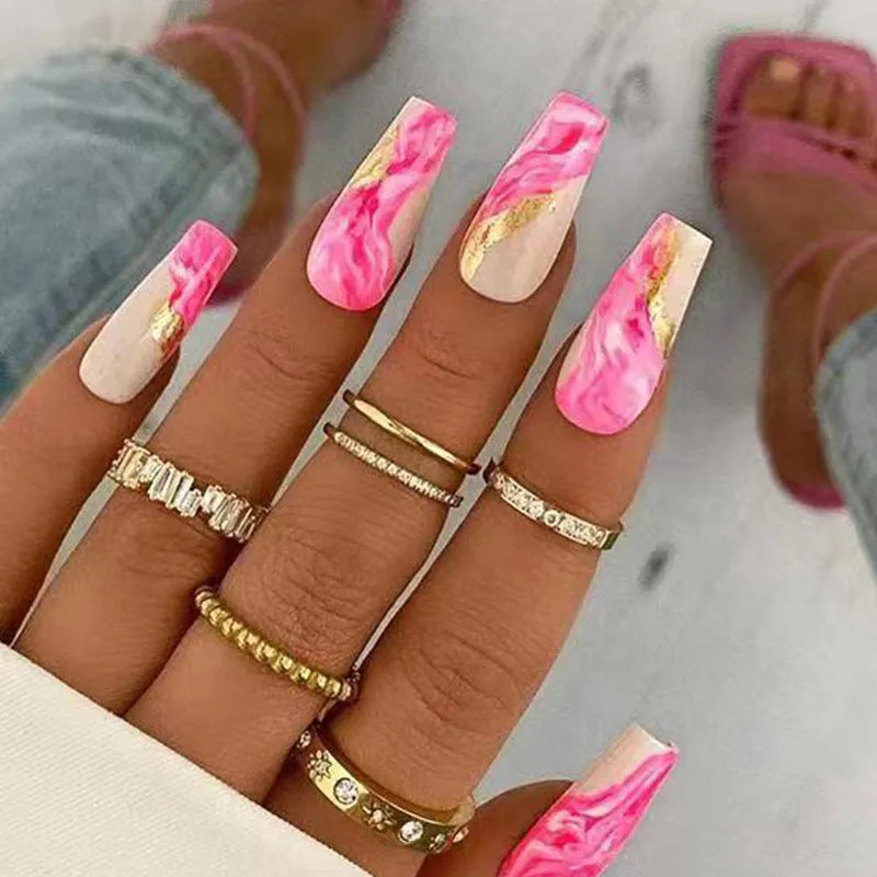 Cyflymder 24pcs Summer False nails with designs Charms Flame Long Ballerina Fake Nails Wearable Coffin french Nails Tips Press On Nails