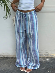 Cyflymder  Women Striped Drawstring Pants Wide Leg Full Length Beach Casual Colorful Linen Trousers Summer Fashion Lady Daily Wear
