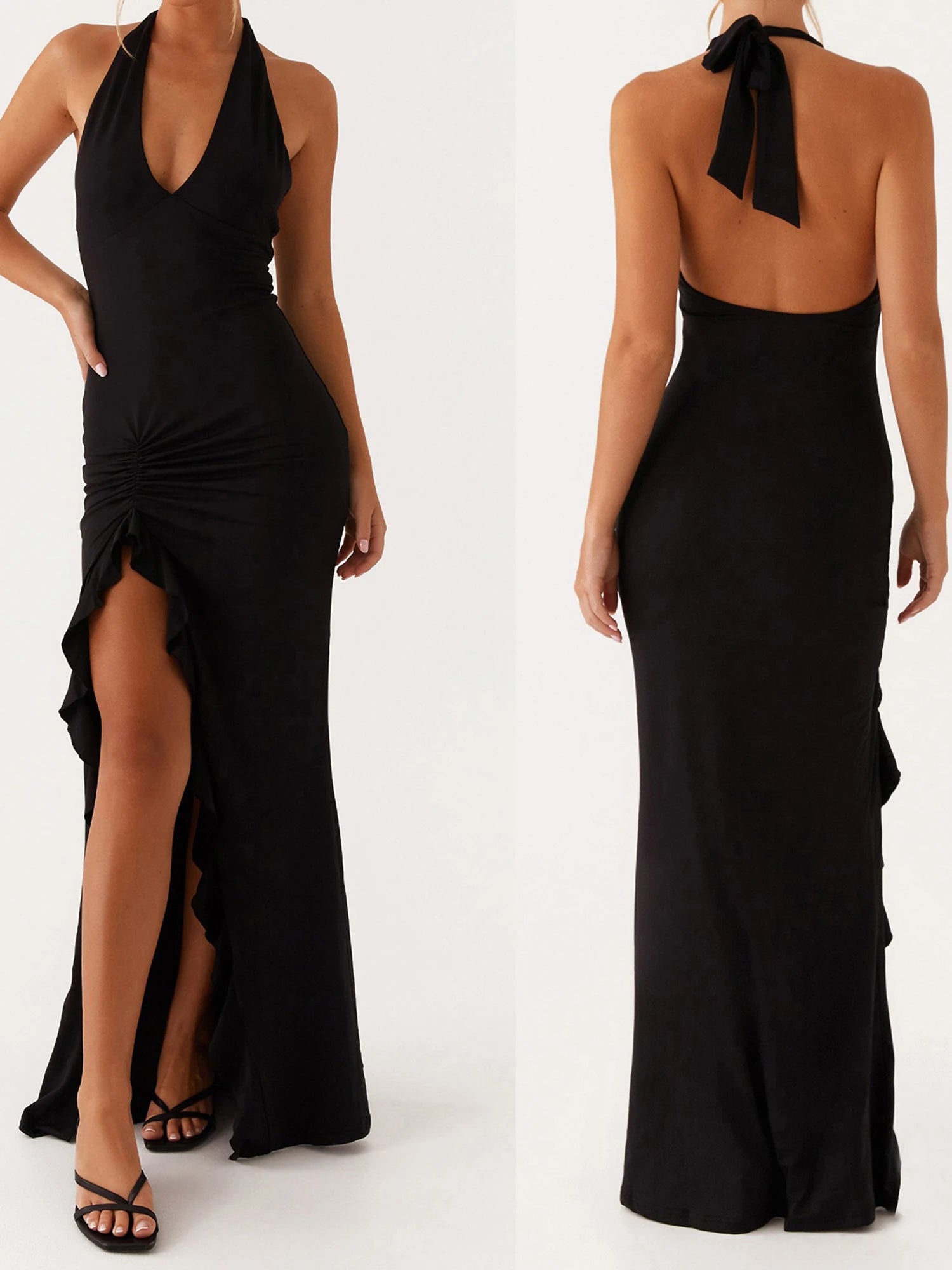 Cyflymder  Elegant Sleeveless Maxi Dress with Flattering Ruched Detail and Chic V-Neckline for Women s Evening Party Wear