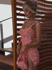 Cyflymder  Sexy Tassel Sequin Short Dress Women Solid Square Collar Sleeveless Side Split Lady Dresses 2025 Hip Package Female Vestidos
