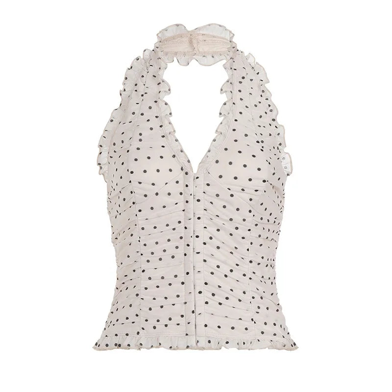 Cyflymder  Women Temperament Summer Polka Dot Halter Tank Tops Y2k Spliced Lace Ruffle Edge Sexy Deep V Pleated Camis High Street Tanks