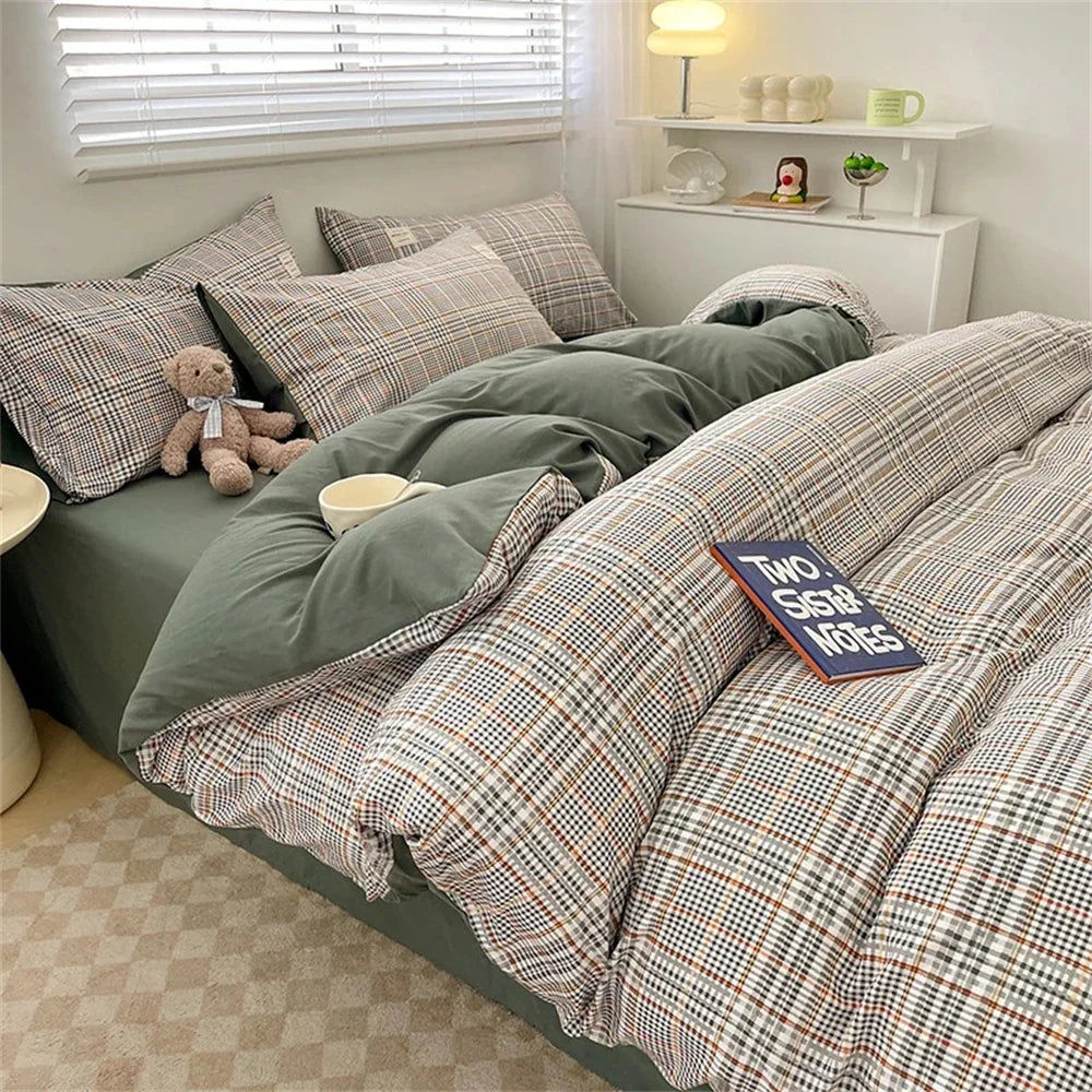 Japan Style Bedding Set Plaid Queen Size Duvet Cover Set With Sheets Bedroom Decor Skin Friendly King Single Double Bedding Sets