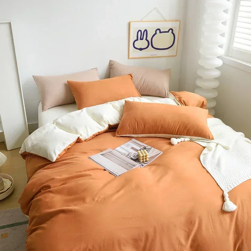 Cyflymder  2-side Solid Color Brush Fabric Bed Set 4 Pieces Duvet Cover Pillowcase Bedding Set Bed Sheet Quilt Cover Single Queen King Size