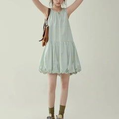 Cyflymder   Mint Sleeveless Bud Dresses Women's Clothing Solid Color Summer Casual Basic Round Neck Fashionable Folds Patchwork Midi Dress