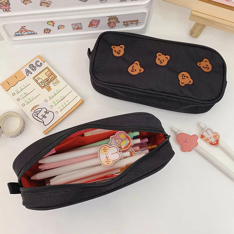 Cyflymder Kawaii Bear Embroidery Canvas Pencil Bag Pen Case Kids Gift Cosmetic Stationery Big Capacity Cute Bear Pencil Pouch