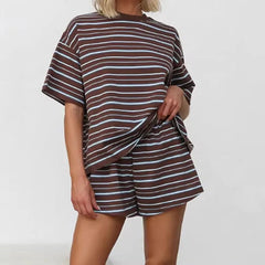 Cyflymder  Women Elegant Stripe Print Loose Vacation Outfit Fashion Street Drawstring Suit Casual O Neck Short Sleeve Pullover & Short Set