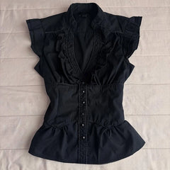 Cyflymder  New Vintage Office Lady Y2K Goth Shirt Slim Waist Elegant All-match Flying Sleeve Blouses Creativity Ruched Casual Moda Blusas