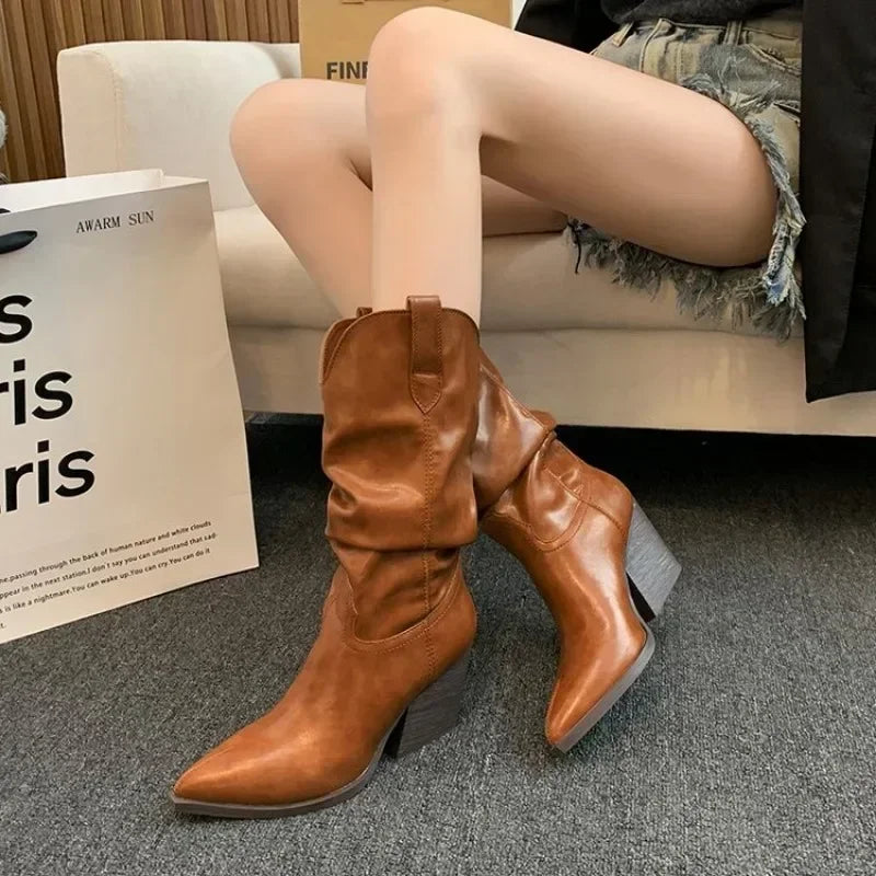 Cyflymder Female Western Boots Cowboy Boots Women Plested Women Ankle  Pu Leather Shoes Autumn Boots Women Booties Lady Plus Size 42