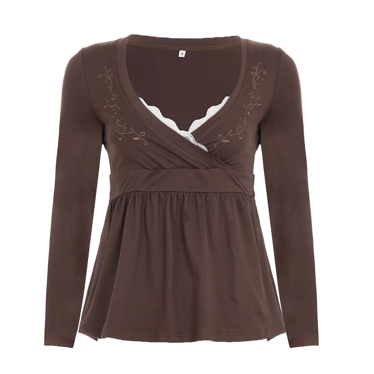 Cyflymder   Lace Patchwork V Neck Long Sleeve Embroidery Casual All Match  High Waist A-LINE Women's T-shirts