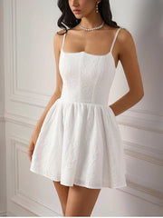 Cyflymder  Women's Adjustable Strap Backless Jacquard Mini Dress Double Layer Fishbone Ruched Fashion Casual Holiday Short Dresses