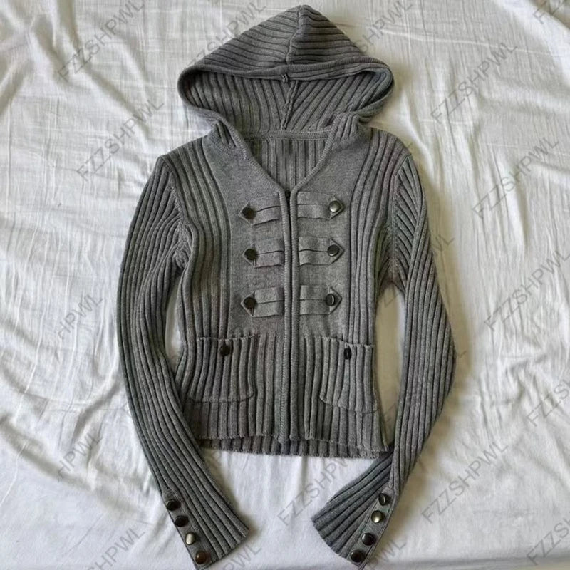 Cyflymder  Grey Hooded Ribbed Knit Cardigan, Double Breasted Decor, Slim Cropped, Retro Military Sweater for Women