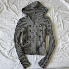 Cyflymder  Grey Hooded Ribbed Knit Cardigan, Double Breasted Decor, Slim Cropped, Retro Military Sweater for Women