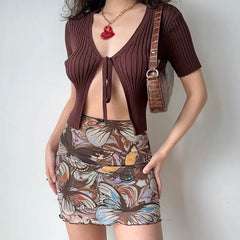Cyflymder  New Summer American Retro Printed Mesh High-waisted Skirt for Women's Fashionable Slim Hip-packing Skirt
