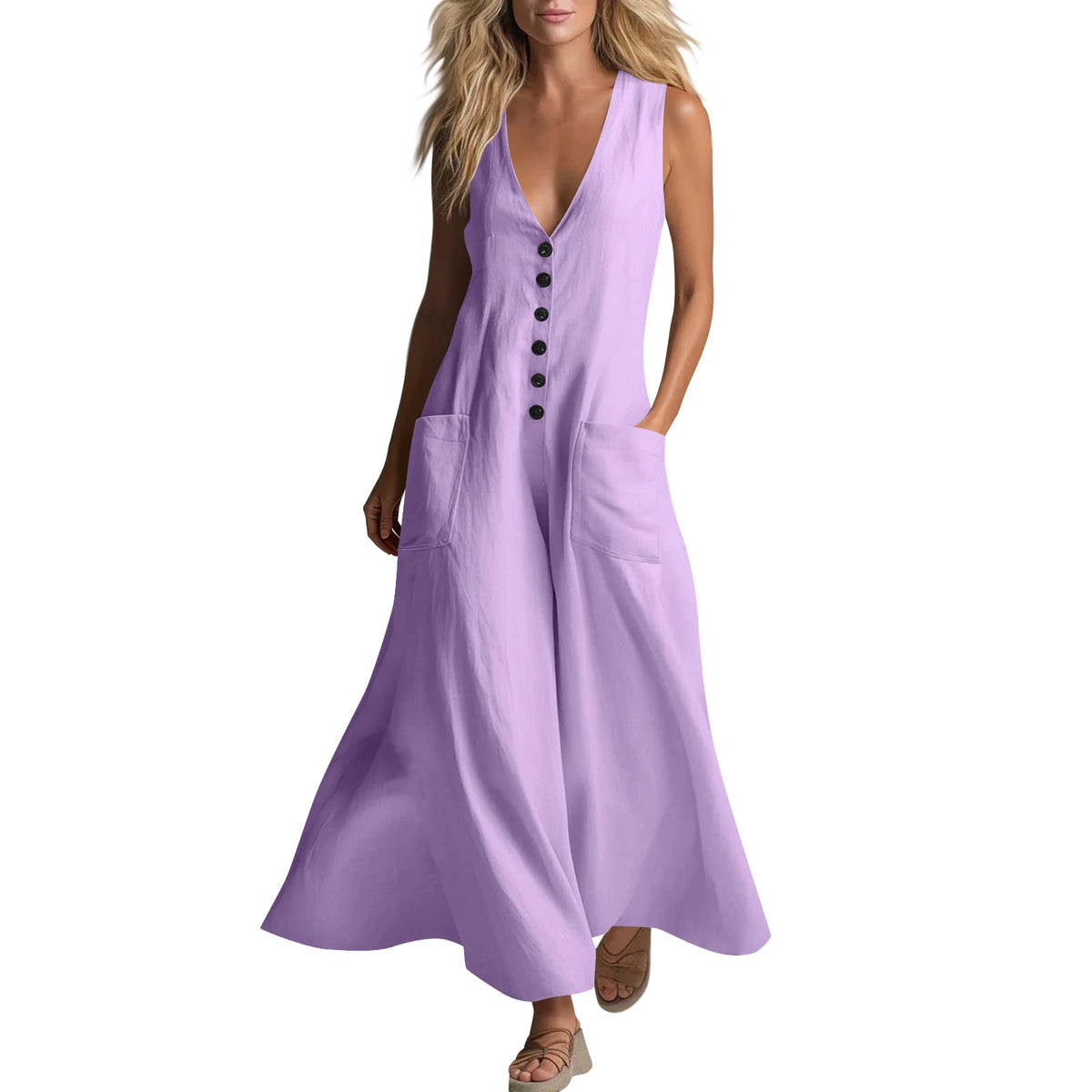 Cyflymder  Minimalist Solid Color Summer Dress Women V Neck Diagonal Button Down Sleeveless Tank Dress With Pocket Elegant Office Dresses