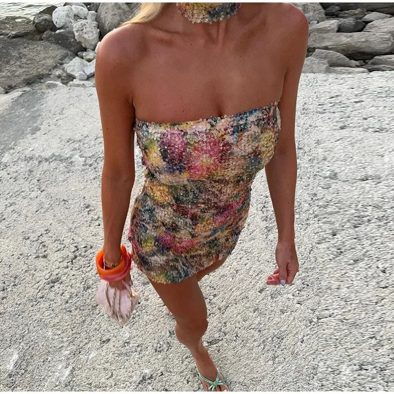 Cyflymder  Sexy Print Sequined Women Dress Beach Sleeveless Backless Hip Package Zippers Dresses 2025 Summer Fashion Lady Streetwears