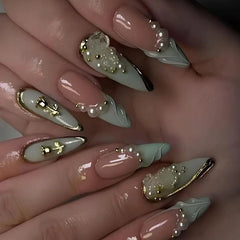 Cyflymder  24Pcs French Gradient Water Ripple Press on Fake Nails Long Stiletto Reusable False Nails with 3D Red Flower Smudge Manicure Tip