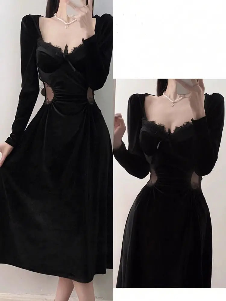 Cyflymder  French Style Powerful Women's Formal Dress High-end Light Luxury Niche Retro Black Velvet Dress Autumn New Collection Dresses