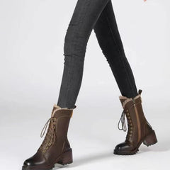 Cyflymder   Autumn Winter Fleece-Lined Lace-up Ladies Mid Calf Shoes Warm Round Toe Middle Heel Women's Half High Boots New in Footwear